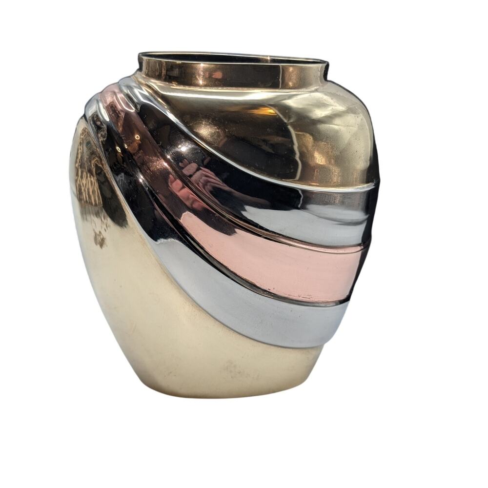 Vintage 1960s Art Deco Brass W/ Copper Pewter Draped Fallout Design Vase